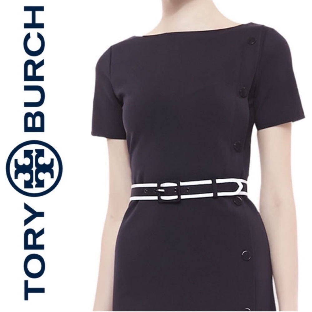 Tory Burch NWT $395 Navy Blue Sonia Dress w/ White Trim Belt XL - Picture 2 of 7